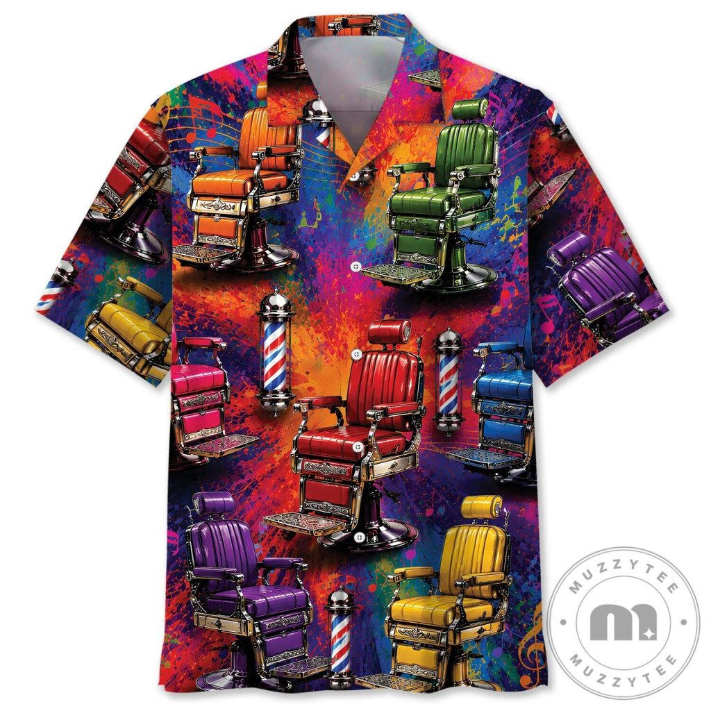 Colorful Barber Chairs and Barber Poles Vintage Hawaiian Shirt
