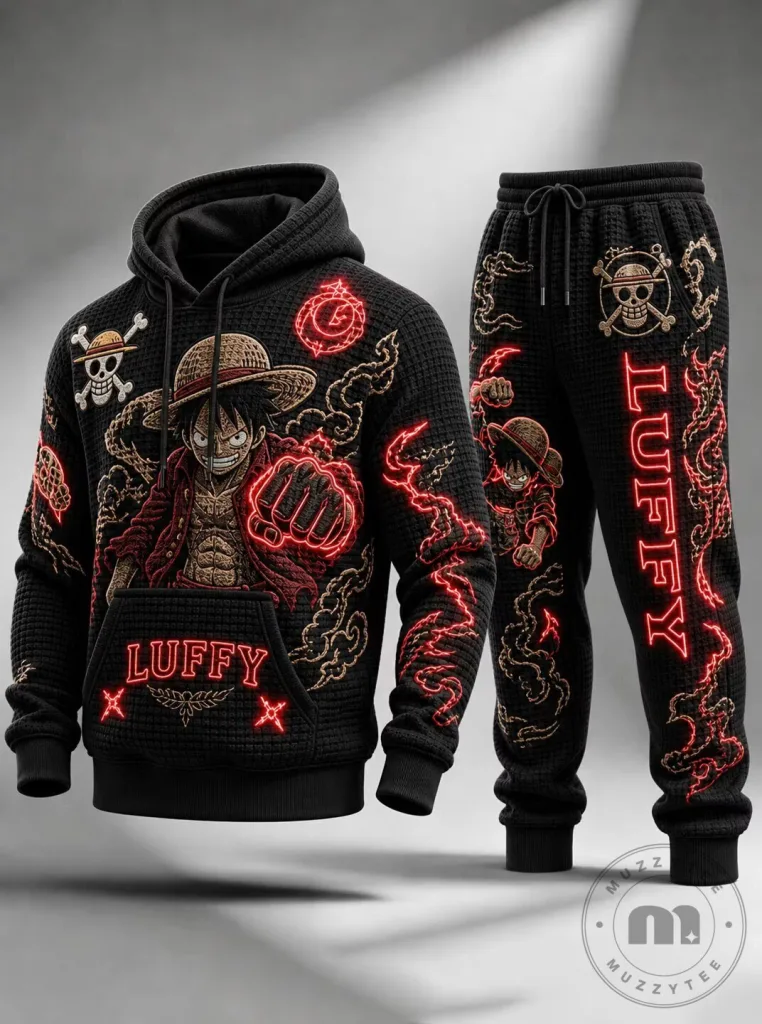 One Piece Monkey D. Luffy Gear Five Anime Black Waffle Hoodie 13 One Piece Monkey D. Luffy Gear Five Anime Black Waffle Hoodie