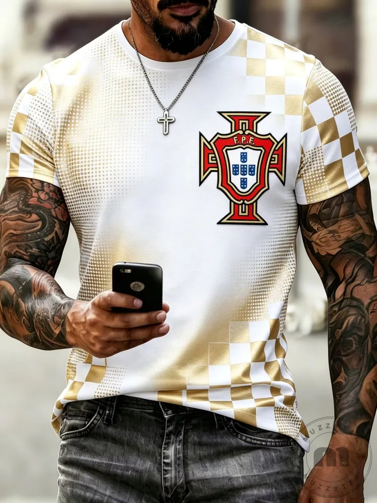 Golden Checkered Pattern T-Shirt for Portugal FC Match Cheer