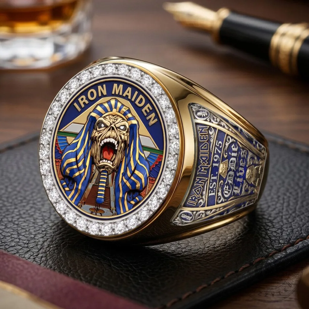 Iron Maiden Eddie The Mummy Gold Plated Diamond Inlaid Heavy Metal Band Ring