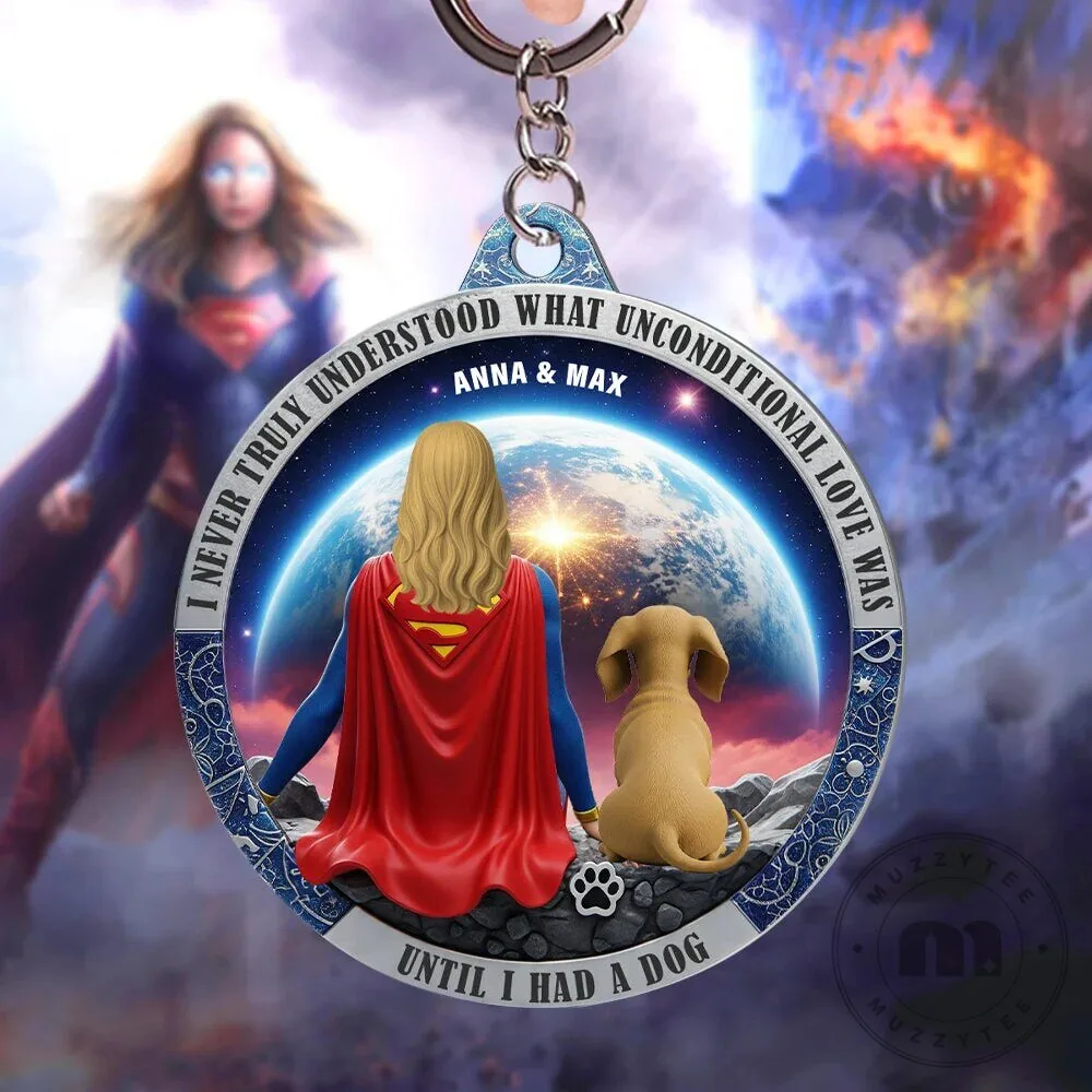 Supergirl and Dog Personalized Keychain for Dog Lovers