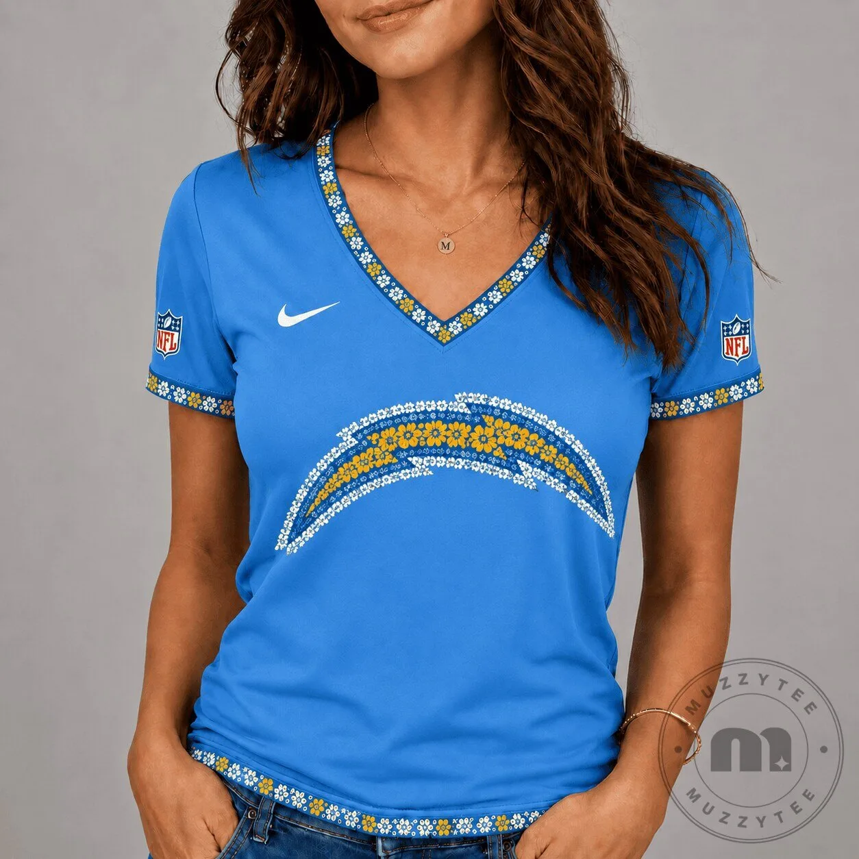 Los Angeles Chargers NFL Flower Logo V-Neck Short Sleeve T-Shirt
