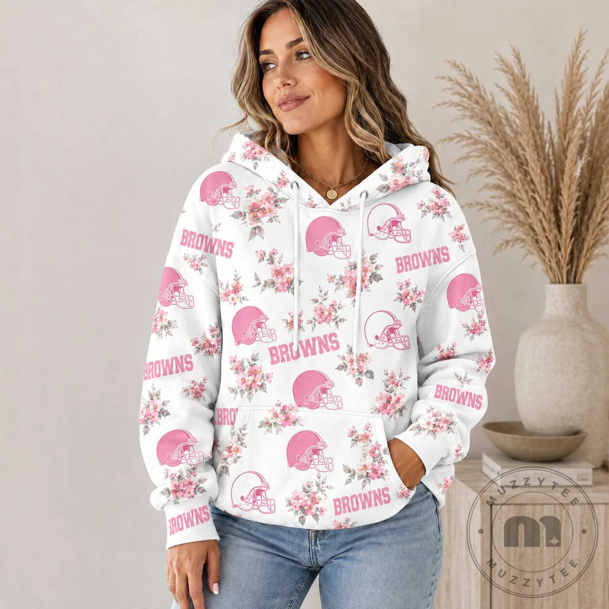 Cleveland Browns Pink Floral Football Helmet Pattern White Hoodie for Women