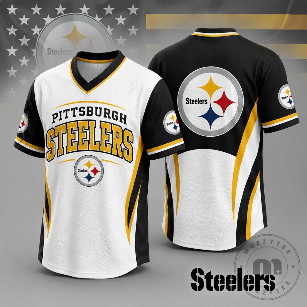 Pittsburgh Steelers Team Spirit Black and White V-Neck Baseball Jersey 6 Pittsburgh Steelers Team Spirit Black and White V-Neck Baseball Jersey