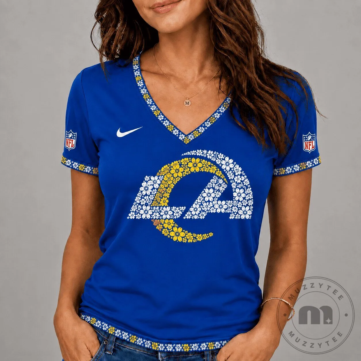 Women's V-Neck T-Shirt with Floral Logo of the Los Angeles Rams