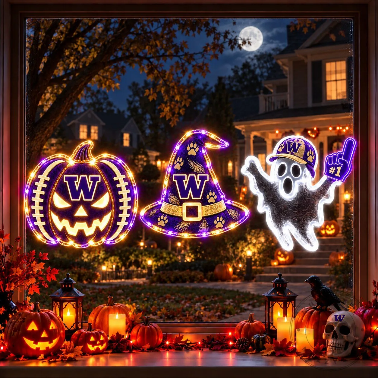 Washington Huskies Halloween Pumpkin Ghost Witch Hat Window Lights