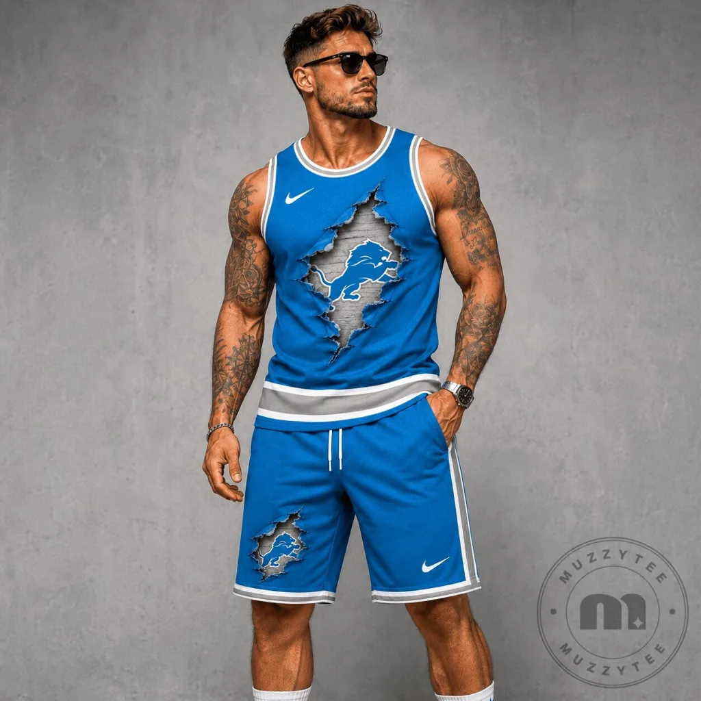 Detroit Lions Football Team Blue Ripped Design Sleeveless Tank Top Detroit Lions Football Team Blue Ripped Design Sleeveless Tank Top