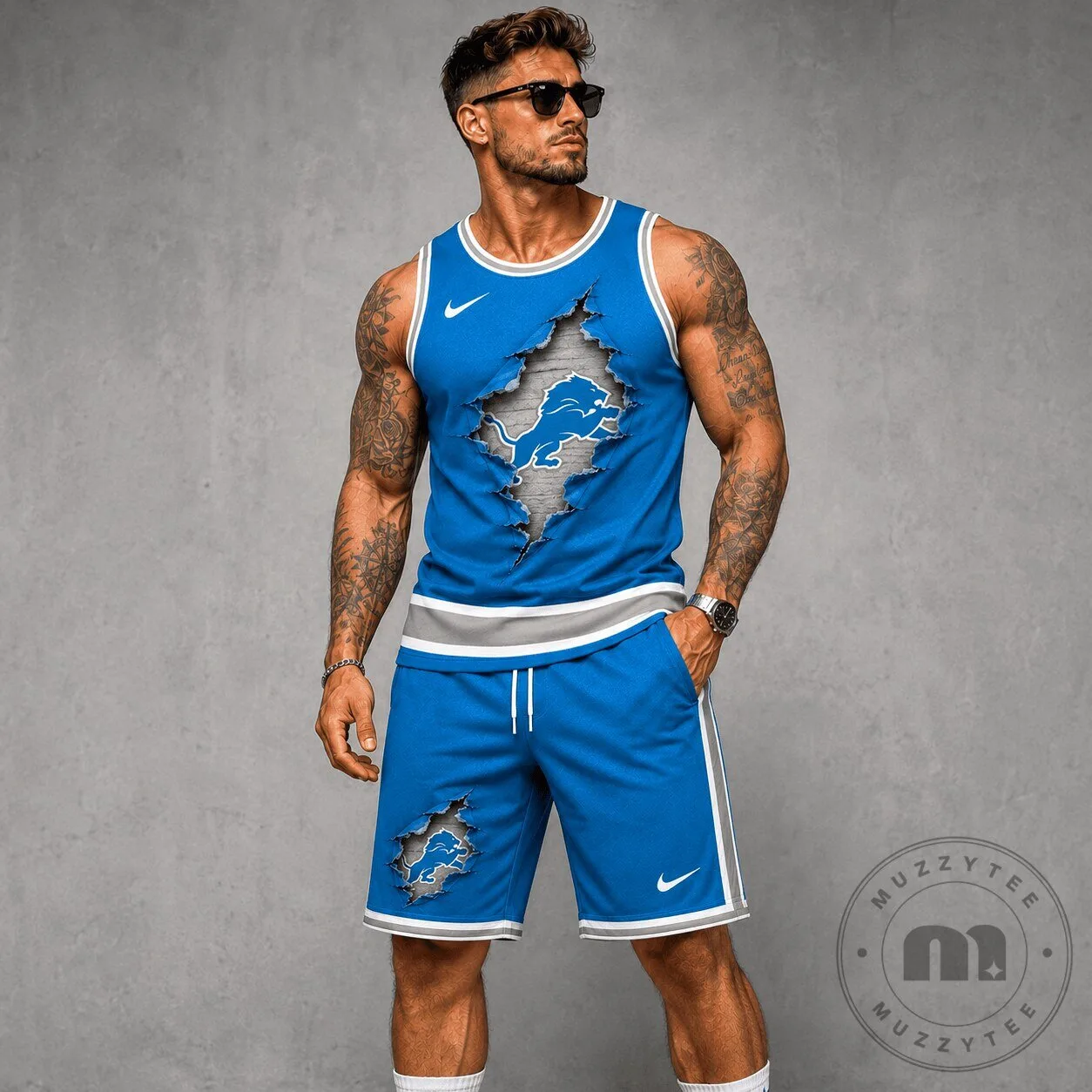 Detroit Lions Football Team Blue Ripped Design Sleeveless Tank Top 3 Detroit Lions Football Team Blue Ripped Design Sleeveless Tank Top