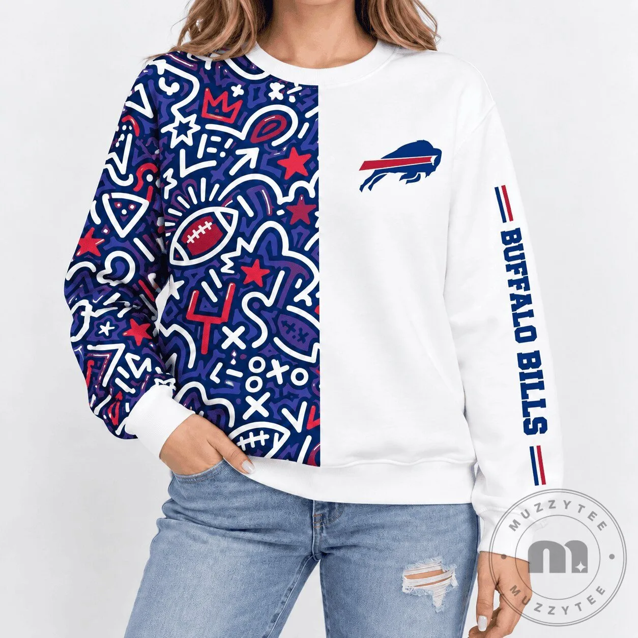 Buffalo Bills Football Team Doodle Art Style White and Blue Crewneck Sweatshirt