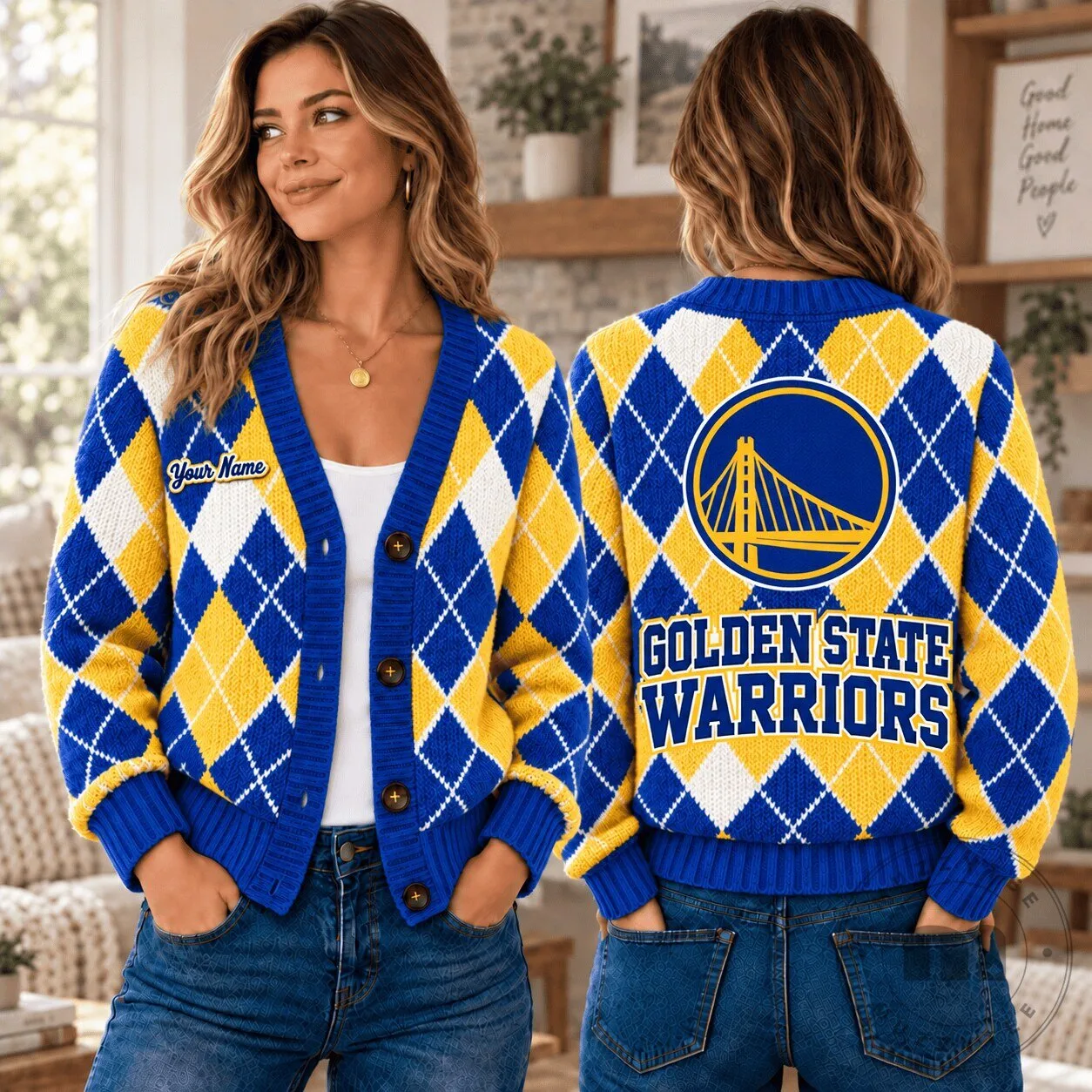 Golden State Warriors NBA Argyle Custom Name Cardigan Jacket