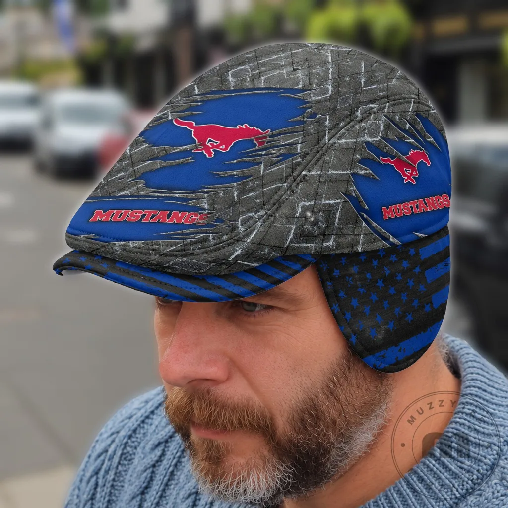 SMU Mustangs NCAA Flat Cap with Foldable Ear Flaps and American Flag Design SMU Mustangs NCAA Flat Cap with Foldable Ear Flaps and American Flag Design