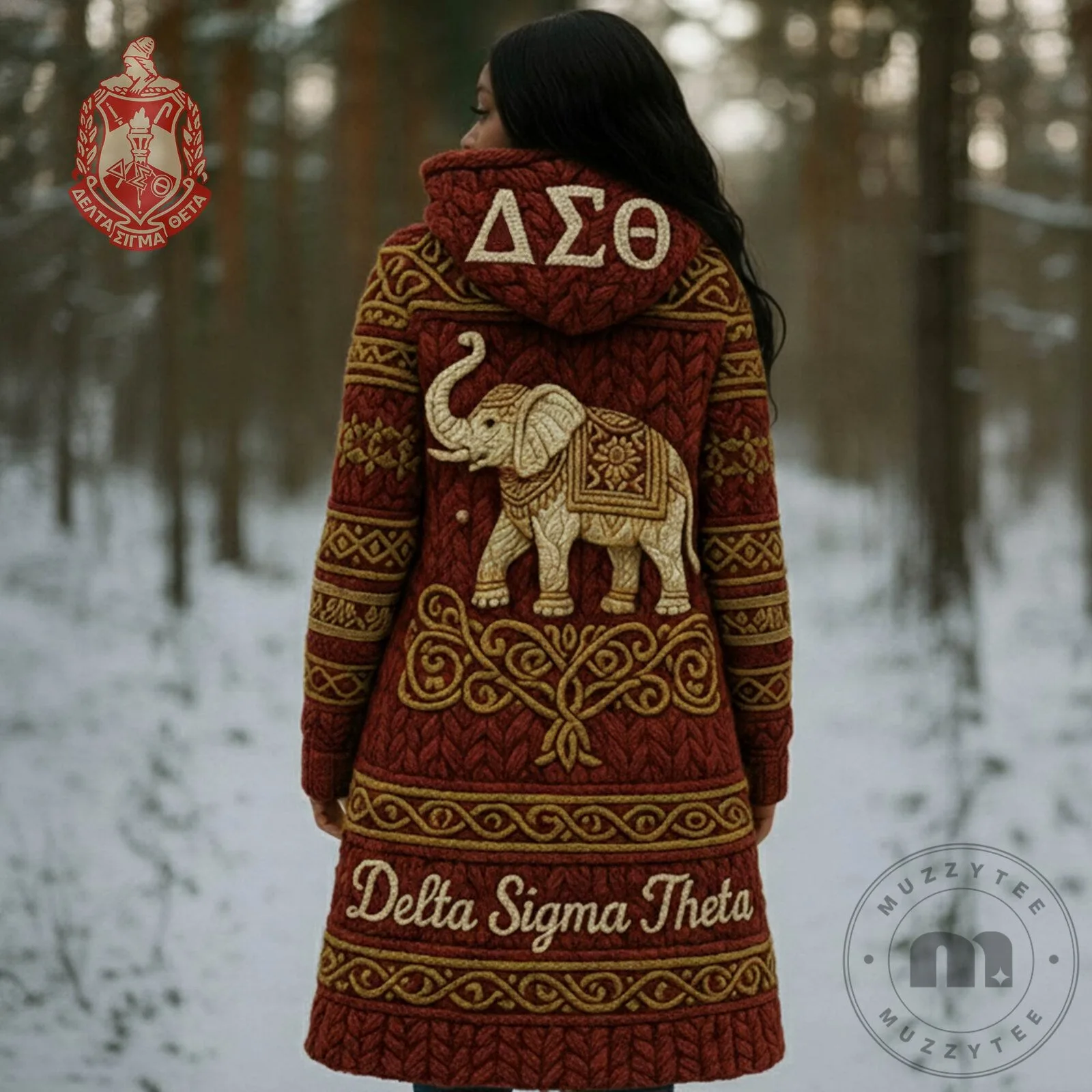 Delta Sigma Theta Elephant Embroidered Hooded Cardigan Sweater 2 Delta Sigma Theta Elephant Embroidered Hooded Cardigan Sweater