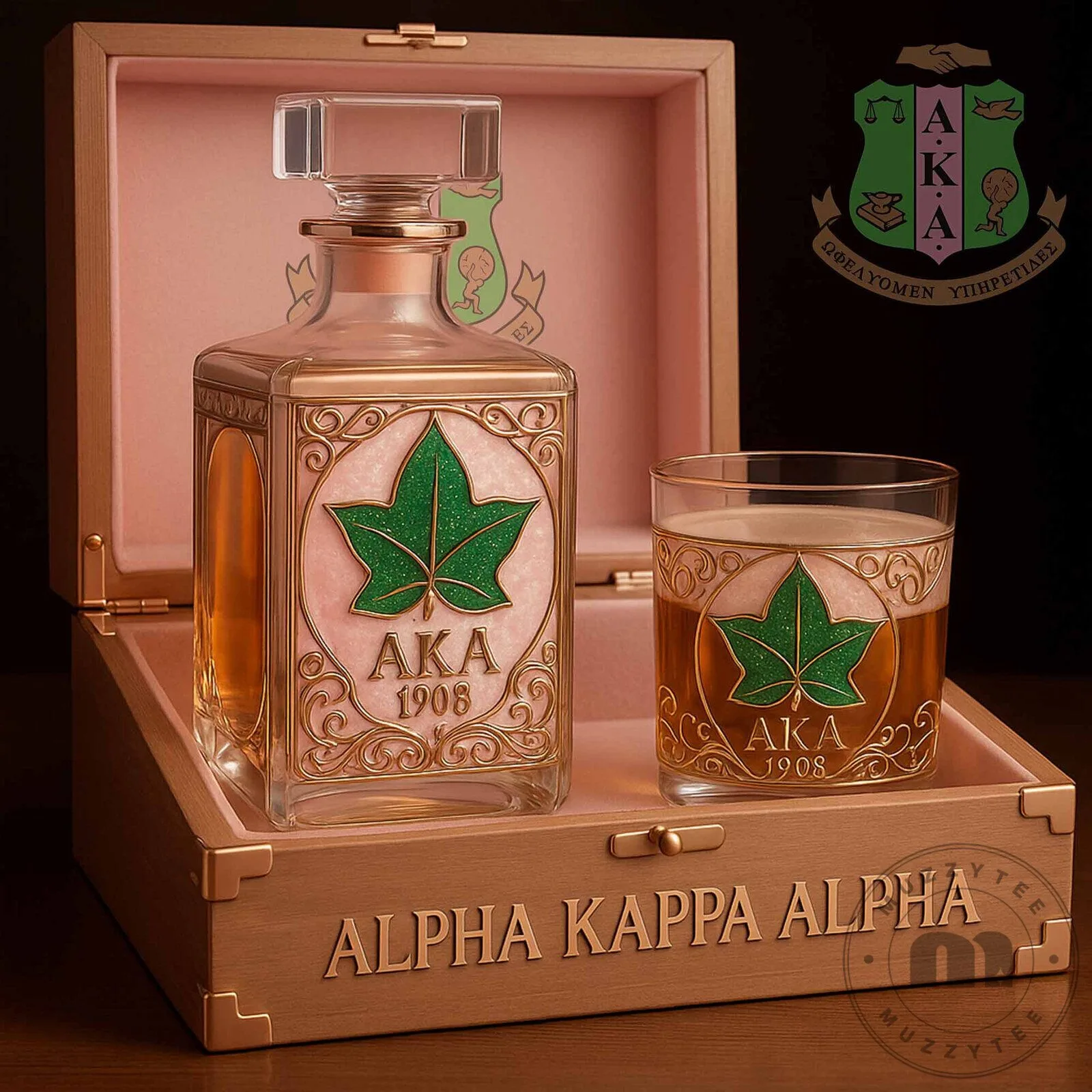 Alpha Kappa Alpha Ivy Leaf Decanter and Whiskey Glass Set