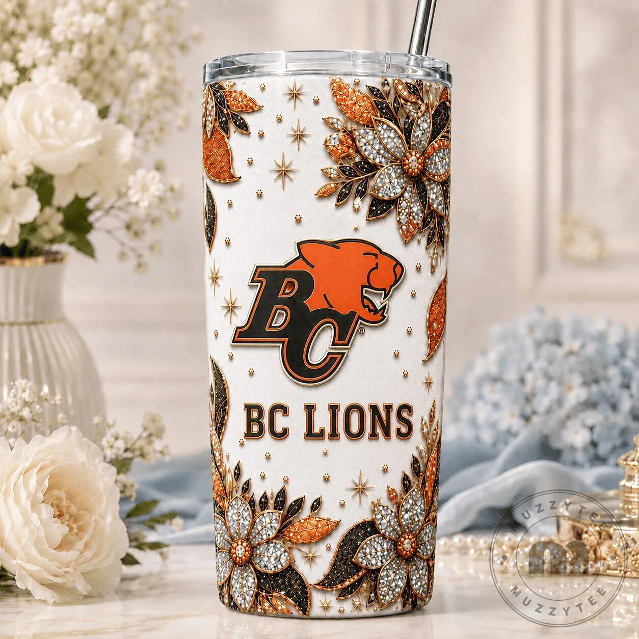 British Columbia Lions Football Team Sparkling Floral Design Tumbler