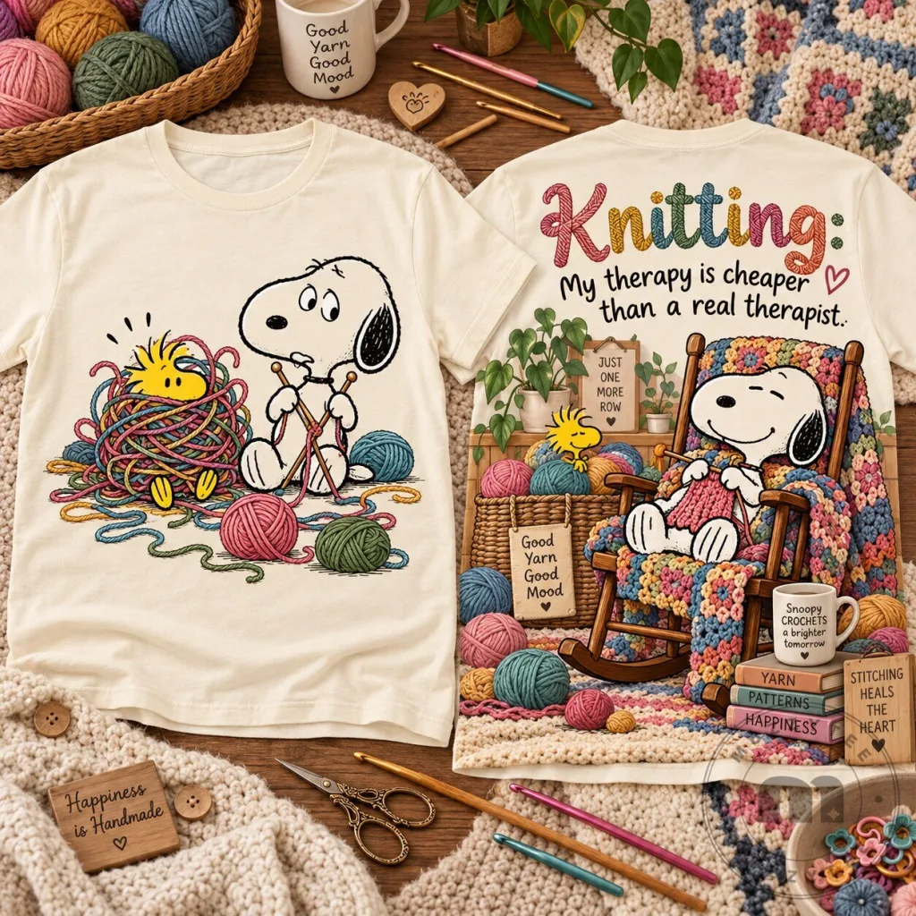 Snoopy Knitting My Therapy Is Cheaper Than A Real Therapist T-Shirt