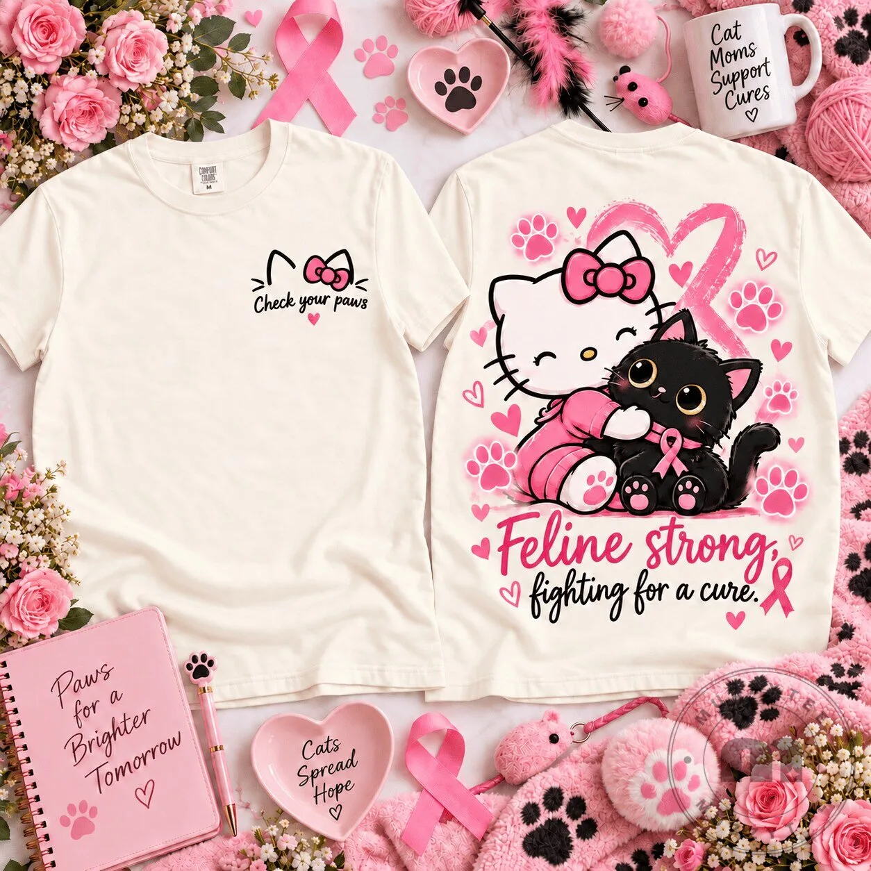 Hello Kitty and Black Cat Feline Strong Breast Cancer Awareness T-Shirt