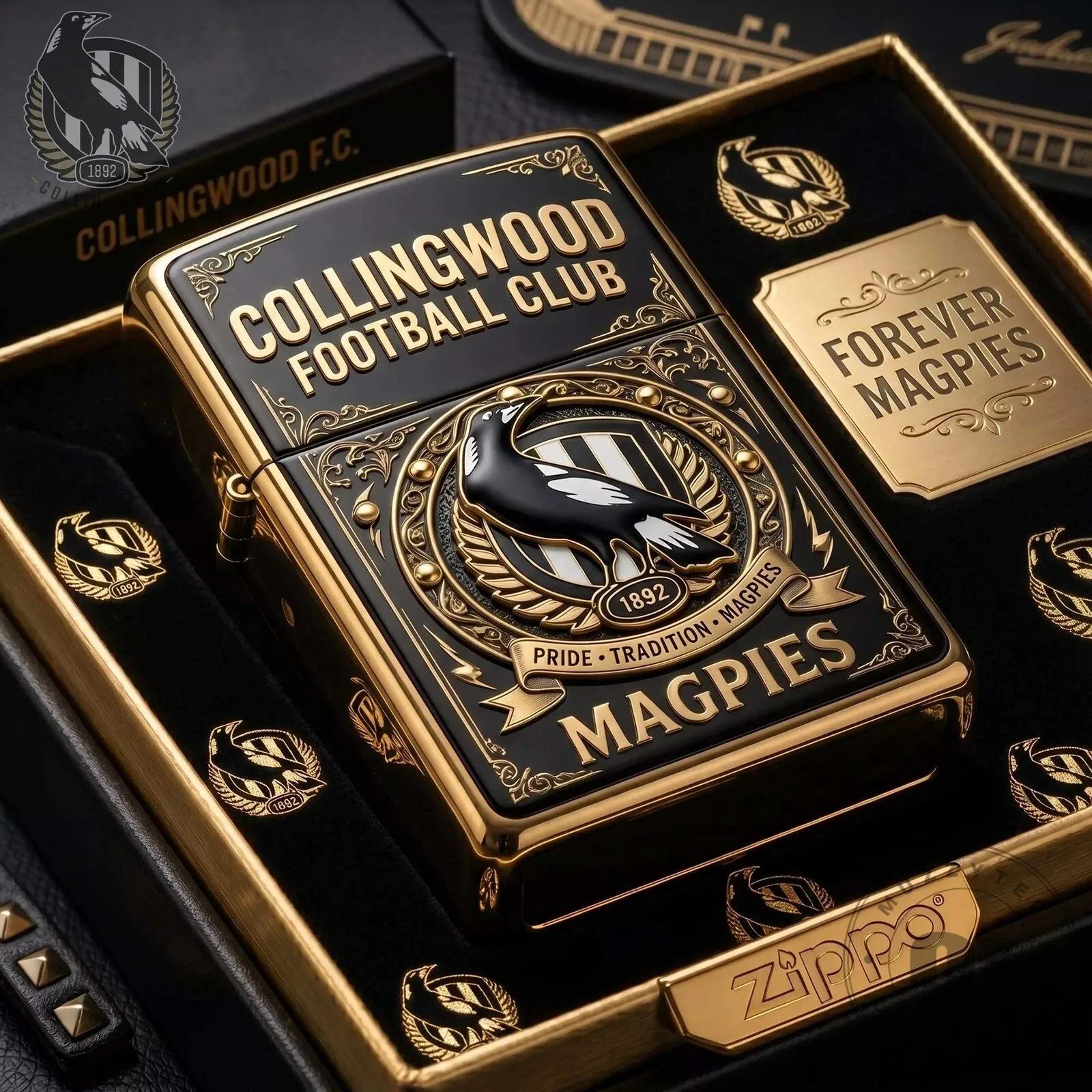 Zippo Lighter featuring Gold Accents for Collingwood Football Club Magpies Fans