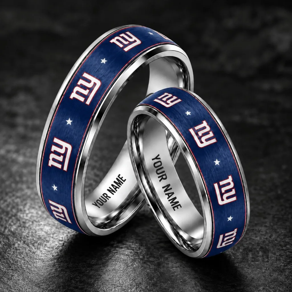 New York Giants Personalized Silver Tungsten Ring with Custom Name Engraving New York Giants Personalized Silver Tungsten Ring with Custom Name Engraving