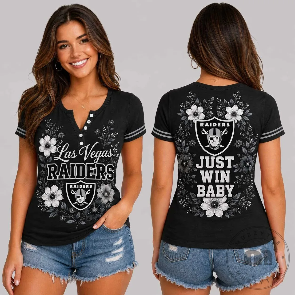 Las Vegas Raiders Floral Just Win Baby Women's V-Neck Short Sleeve T-Shirt