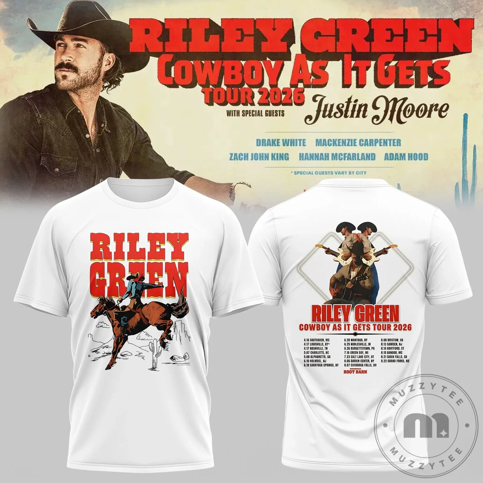 Riley Green Cowboy As It Gets Tour 2026 Concert Dates White T-Shirt