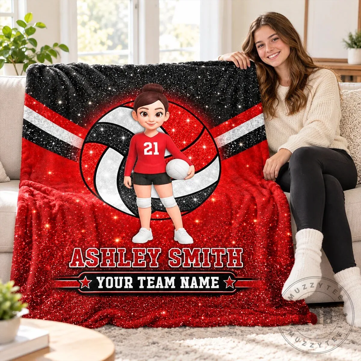Personalized Volleyball Player Glitter Red and Black Custom Name Team Name Blanket 2 Personalized Volleyball Player Glitter Red and Black Custom Name Team Name Blanket