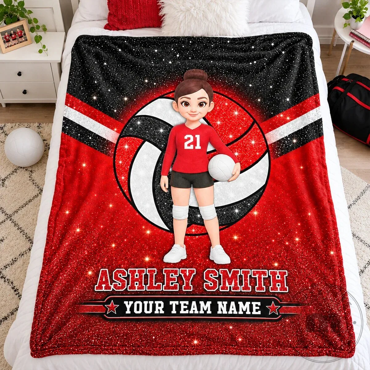 Personalized Volleyball Player Glitter Red and Black Custom Name Team Name Blanket 14 Personalized Volleyball Player Glitter Red and Black Custom Name Team Name Blanket