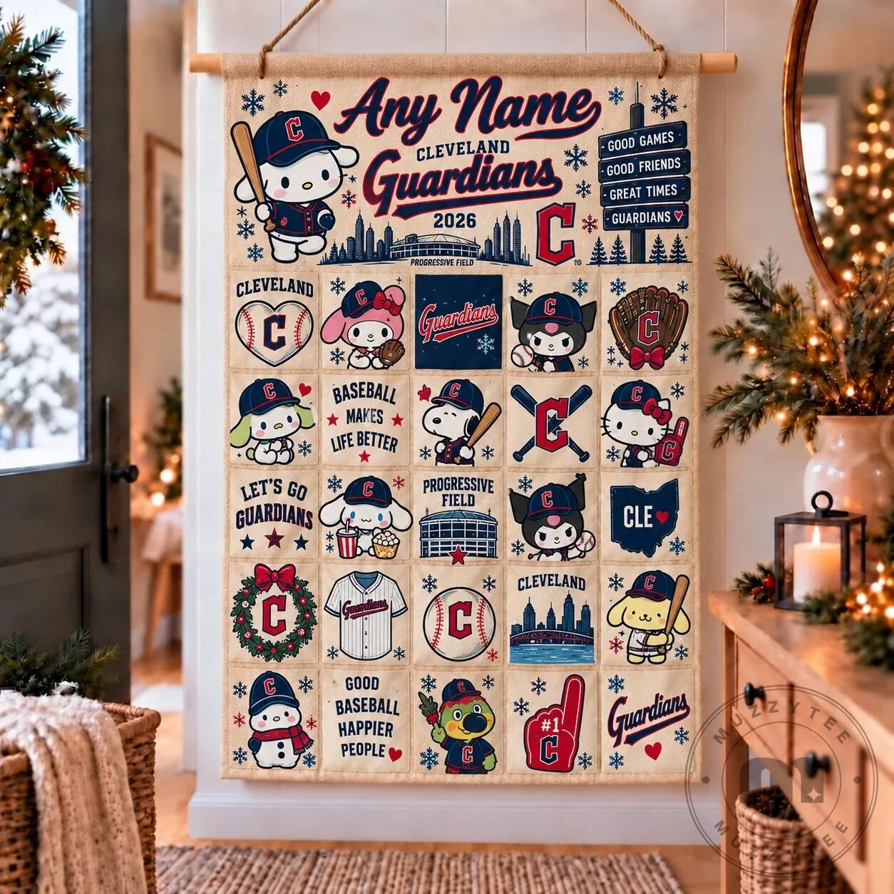 Cleveland Guardians Hello Kitty Baseball Christmas Advent Calendar Wall Hanging