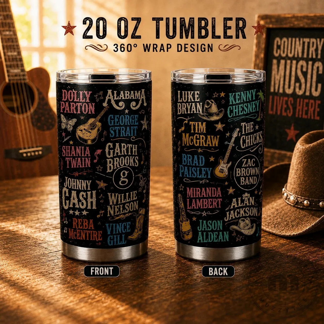 Country Music Legends Tumbler with Dolly Parton and Johnny Cash Signatures