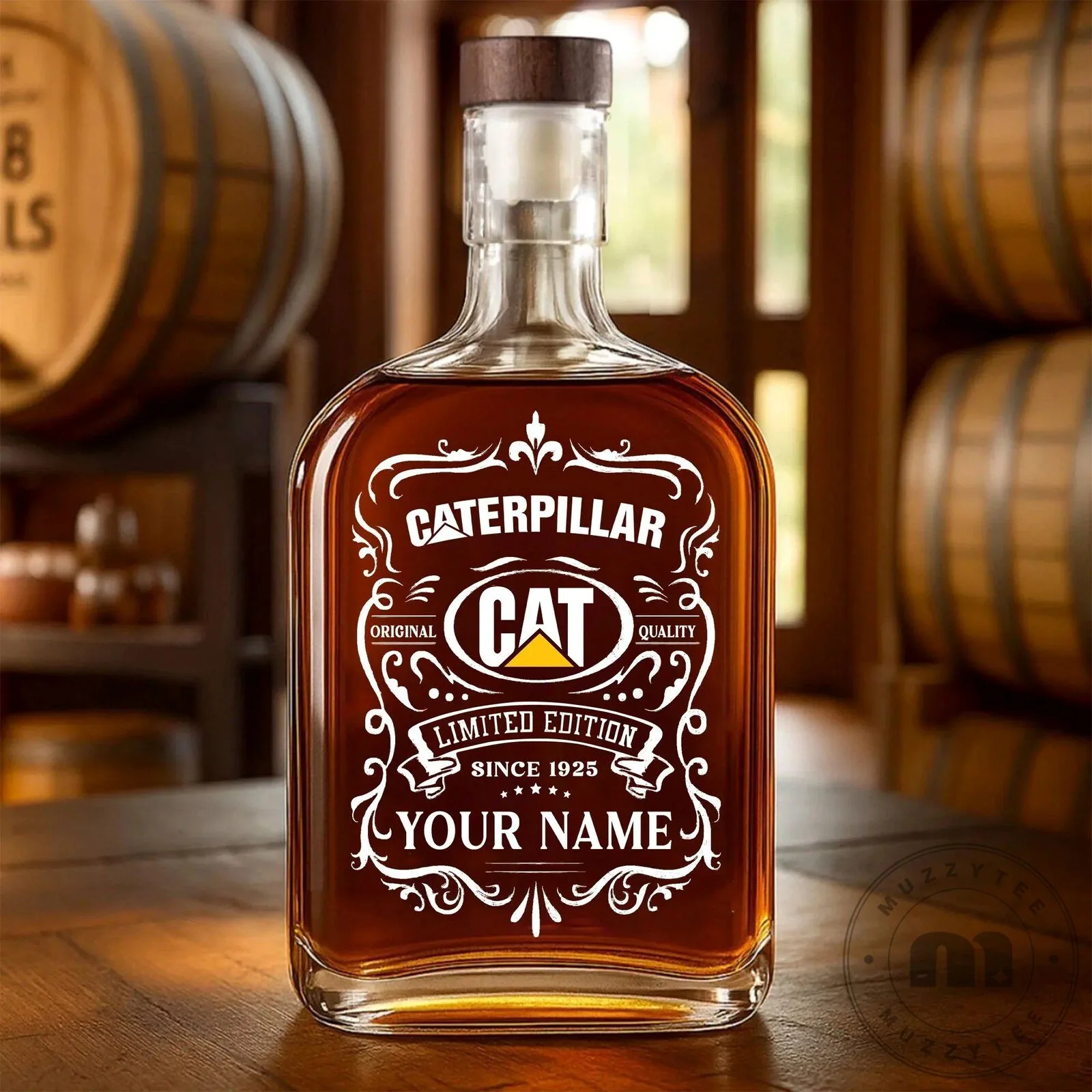 Custom Name Whiskey Bottle Decanter - Caterpillar CAT Design
