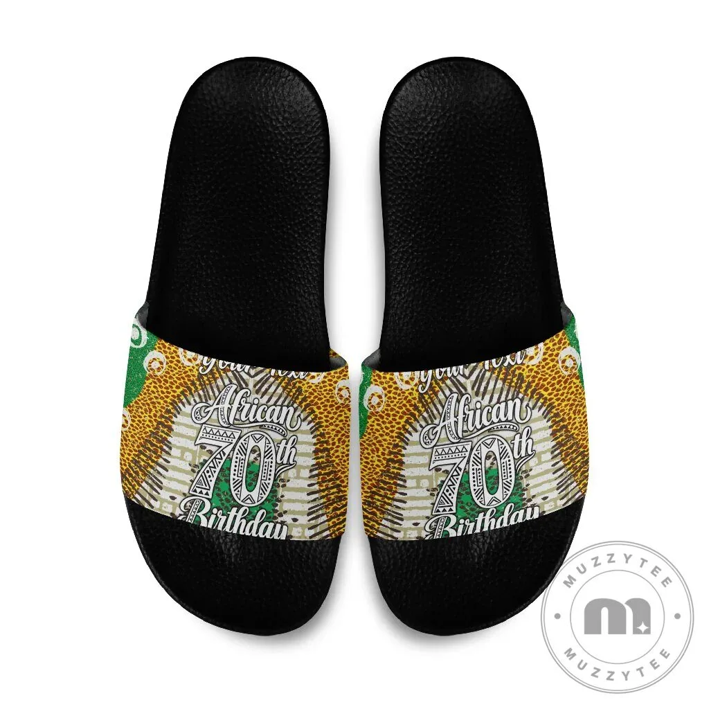 African 70th Birthday Tribal Animal Print Heritage Pattern Slide Sandals