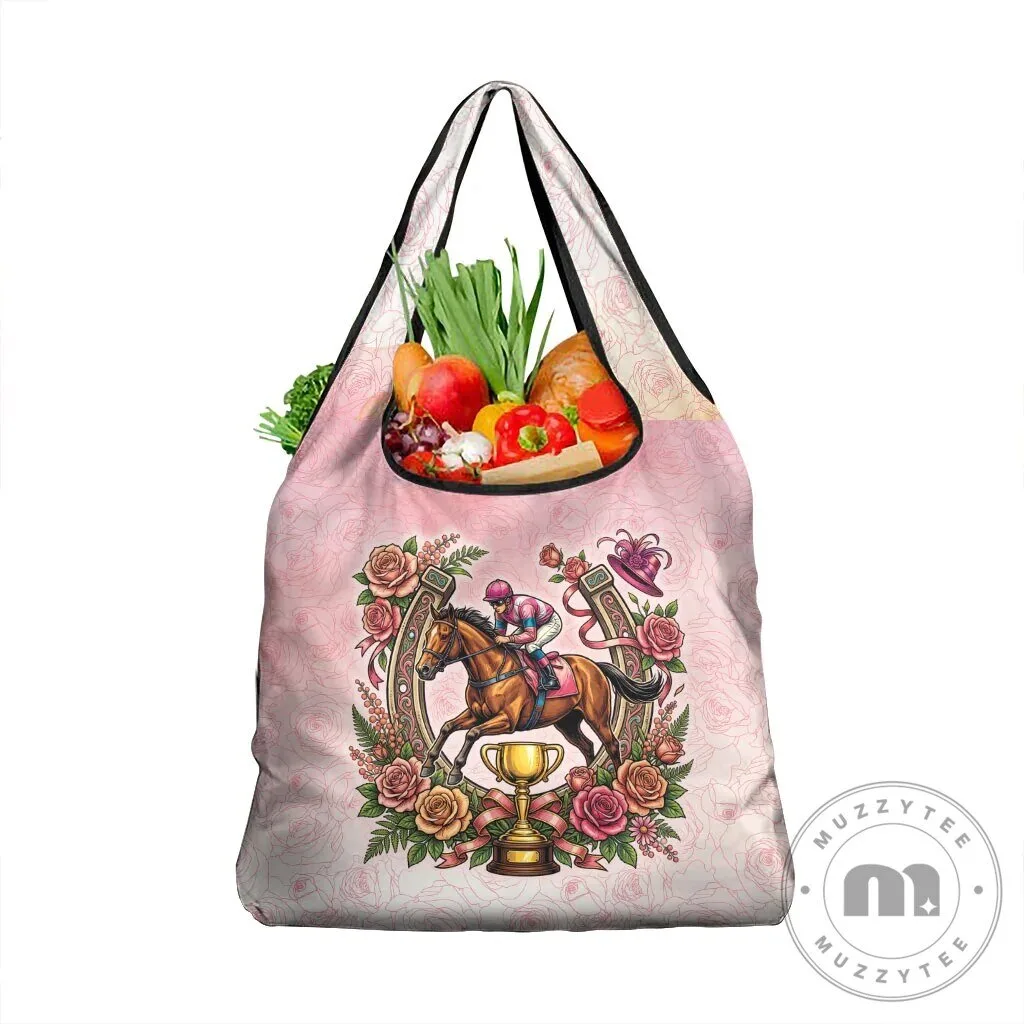 Melbourne Horse Race Floral Horseshoe Pink Rose Reusable Grocery Tote Bag