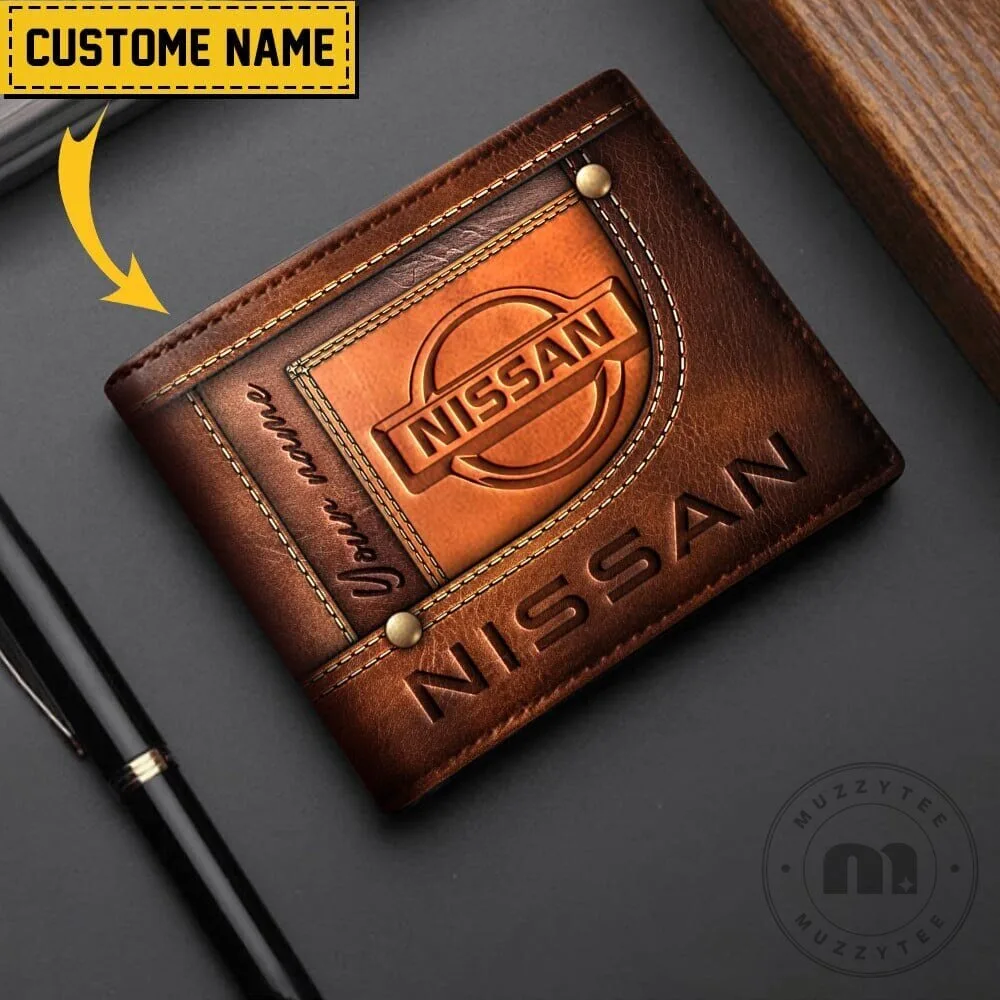 Nissan Custom Name Engraved Leather Wallet for Men, Personalized Car Enthusiast Gift