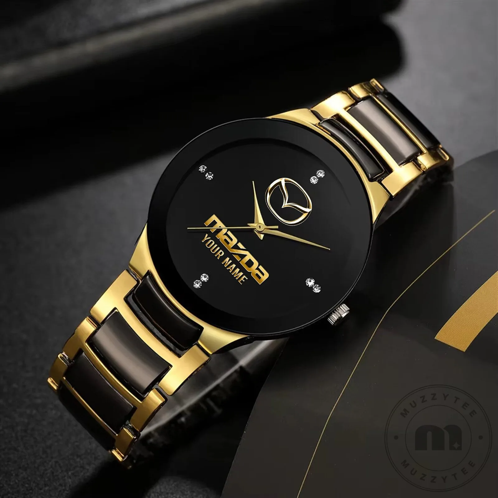 Mazda Custom Name Gold and Black Casual Fashion Quartz Watch for Men