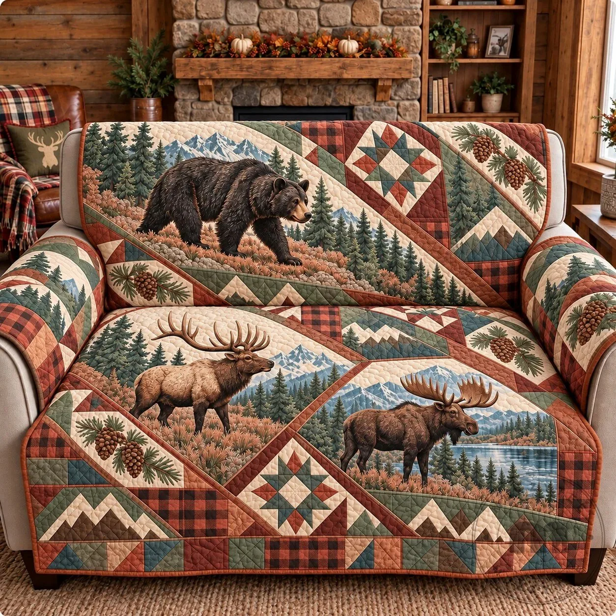 Woodland Bear Moose Elk Pinecone Mountain Quilted Sofa Cover Protector
