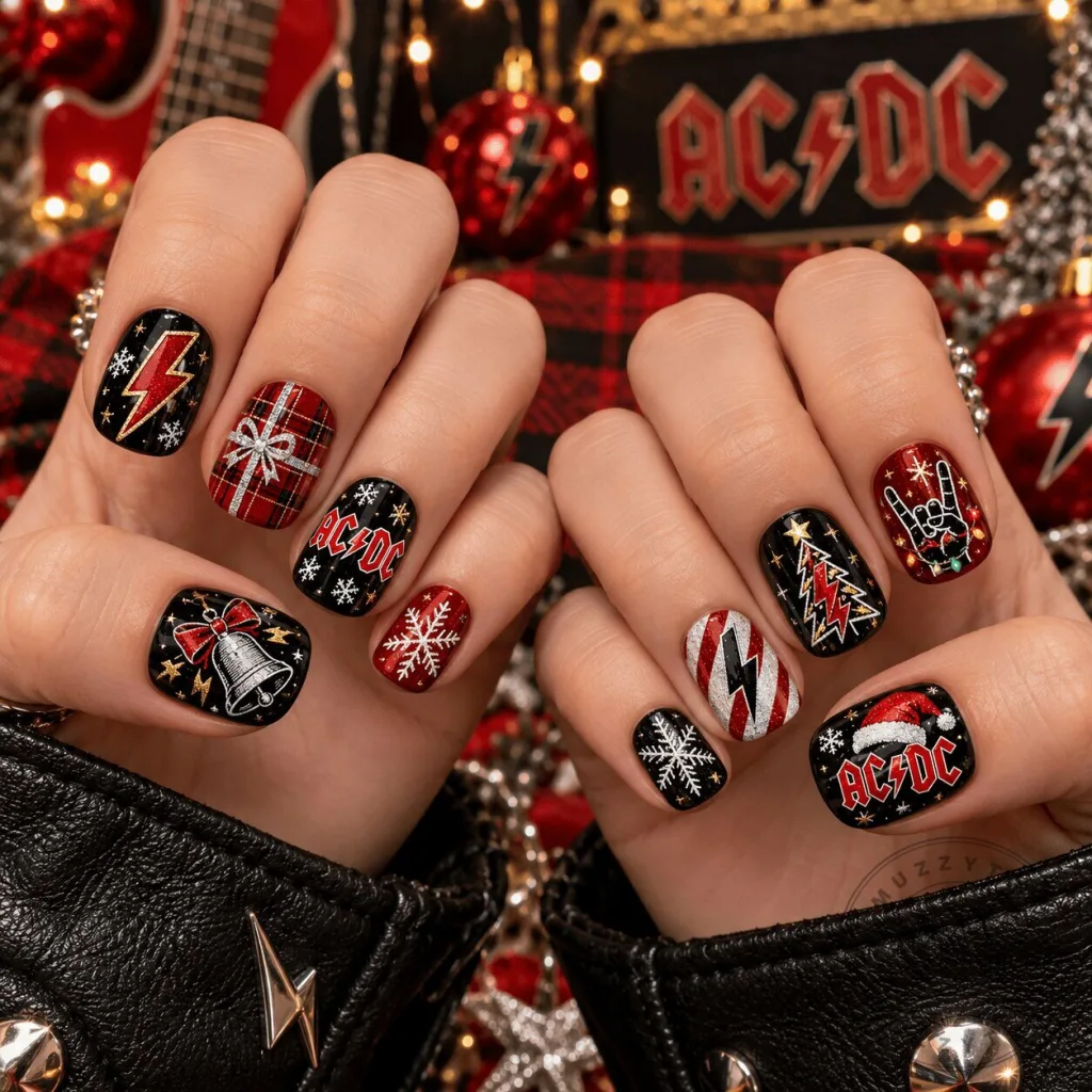 ACDC Christmas Rock and Roll Holiday Press-On Nails Set AC/DC Christmas Rock and Roll Holiday Press-On Nails Set