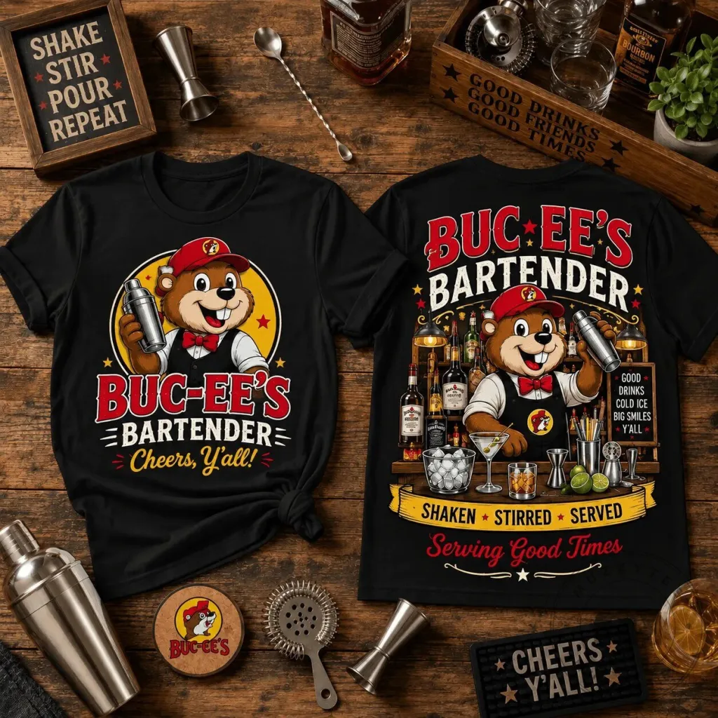 Buc-ee's Bartender Cheers Y'all Shaken Stirred Served Black T-Shirt Buc-ee's Bartender Cheers Y'all Shaken Stirred Served Black T-Shirt