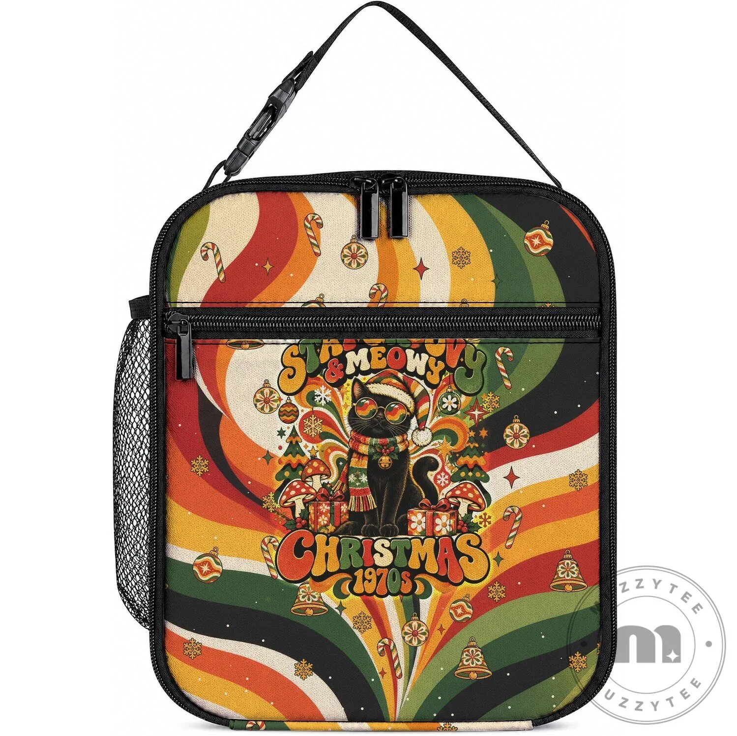 Groovy Christmas Black Cat Vintage 1970s Retro Holiday Waves Lunch Bag
