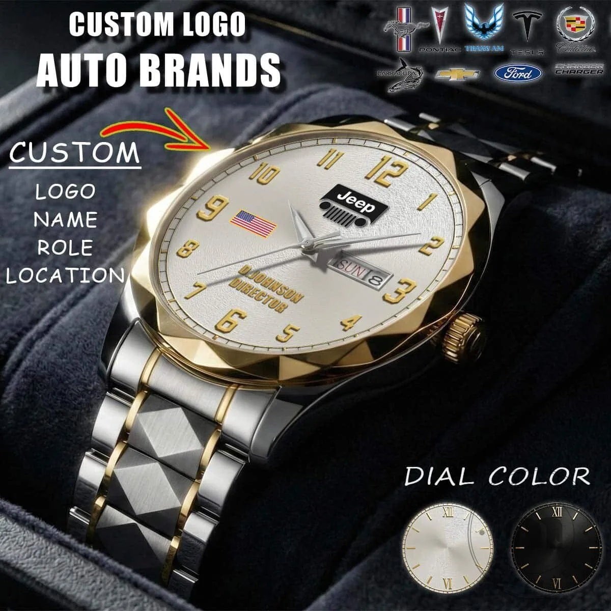Jeep Logo Custom Engraved Stainless Steel Gold and Silver Daydate Watch