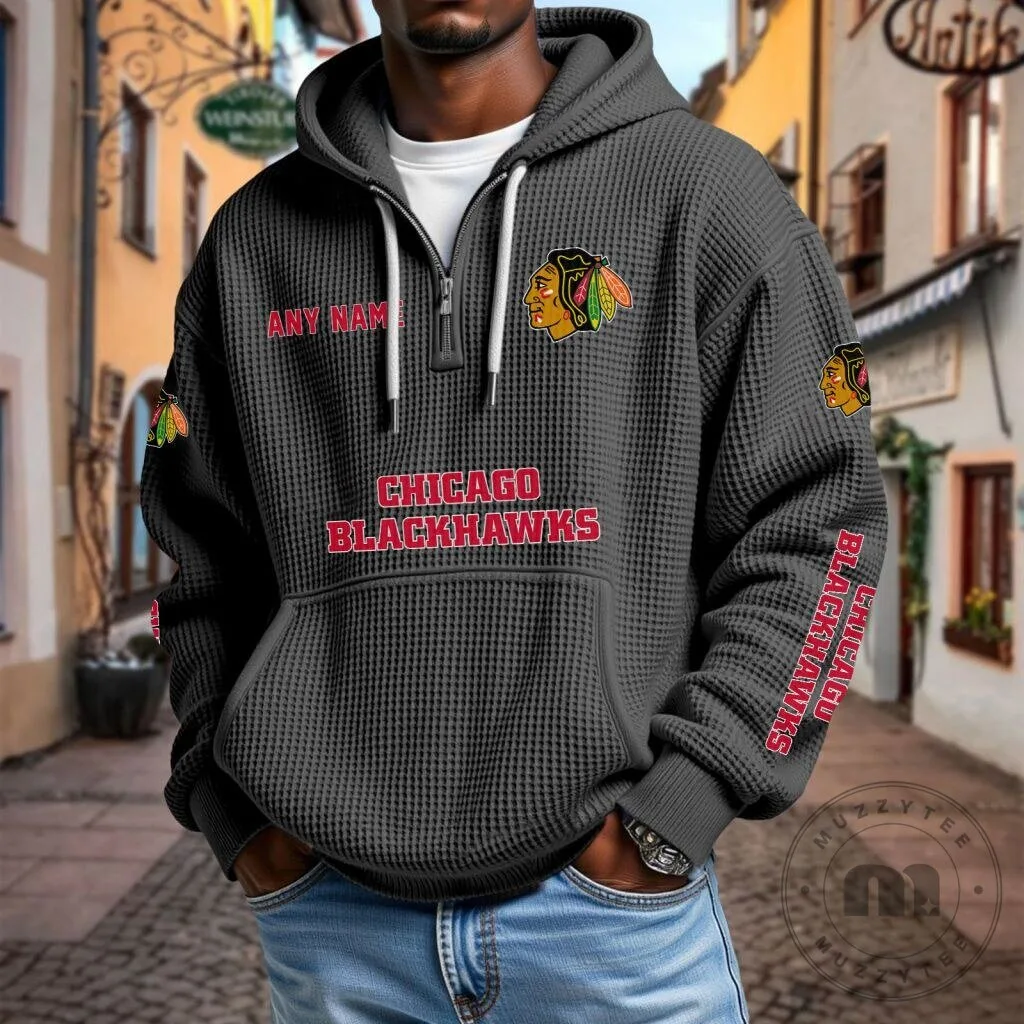 Chicago Blackhawks Personalized Waffle Knit Quarter Zip Hoodie