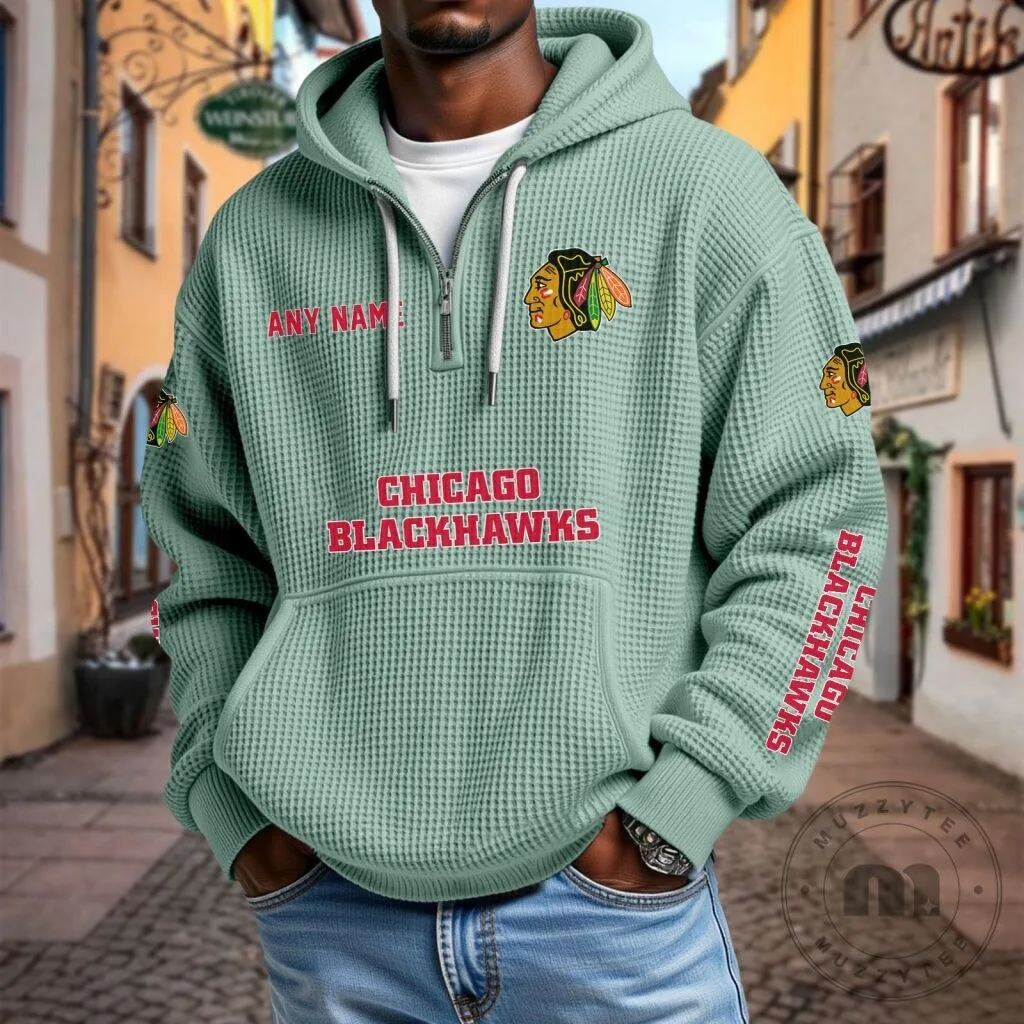 Chicago Blackhawks Personalized Waffle Knit Quarter Zip Hoodie 22 Chicago Blackhawks Personalized Waffle Knit Quarter Zip Hoodie