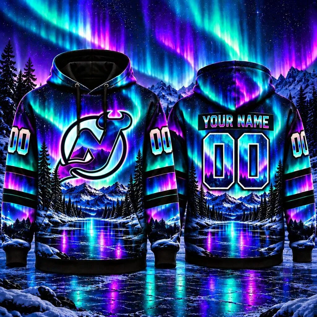 New Jersey Devils Northern Lights Custom Name and Number Hoodie