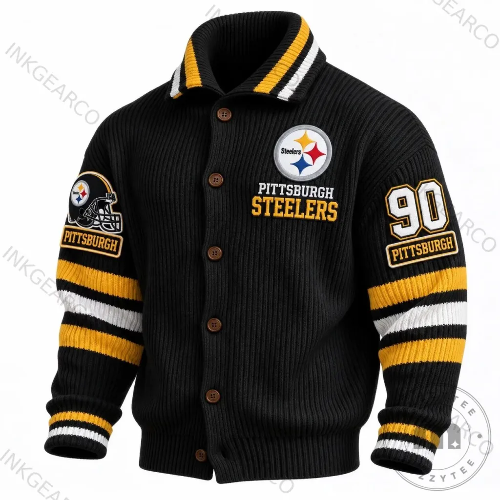 Pittsburgh Steelers Black and Gold Striped Knit Button-Up Jacket Pittsburgh Steelers Black and Gold Striped Knit Button-Up Jacket