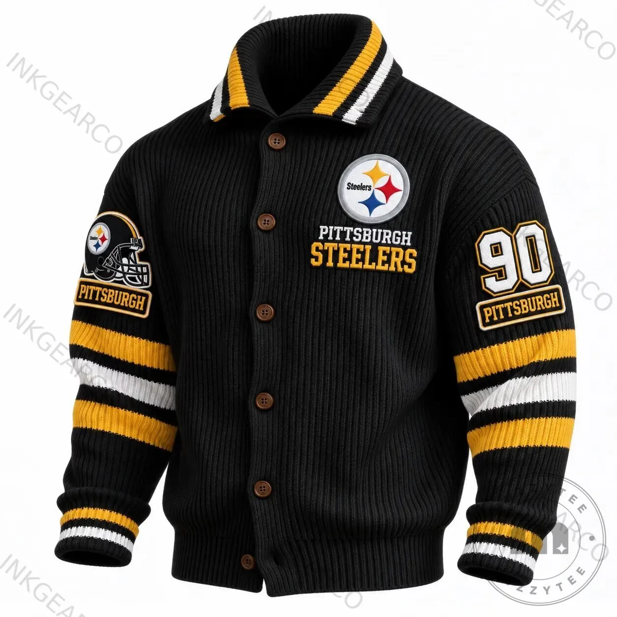 Pittsburgh Steelers Black and Gold Striped Knit Button-Up Jacket 5 Pittsburgh Steelers Black and Gold Striped Knit Button-Up Jacket
