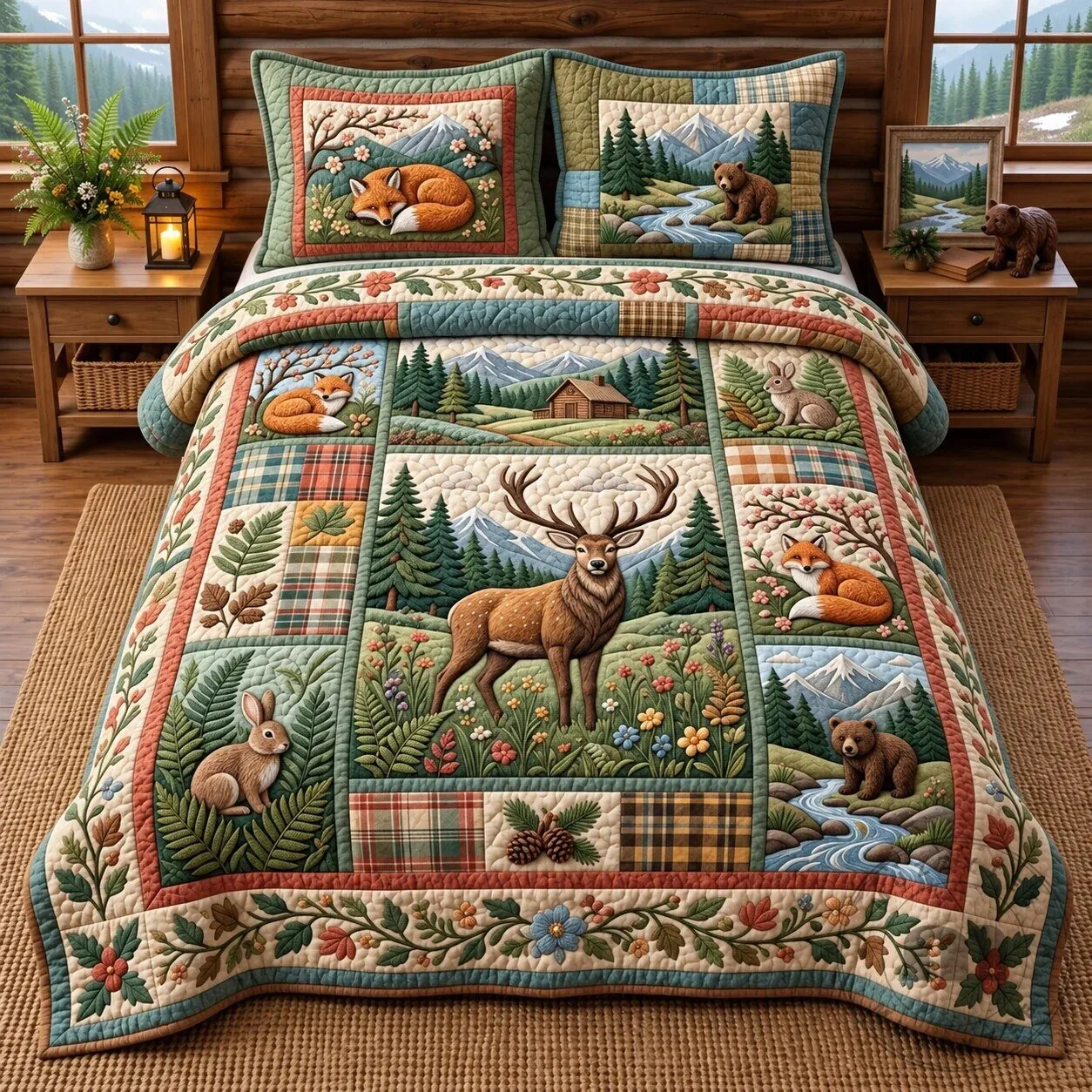 Autumn Forest Patchwork Deer Fox Bear Rabbit Lodge Quilted Bedding Set