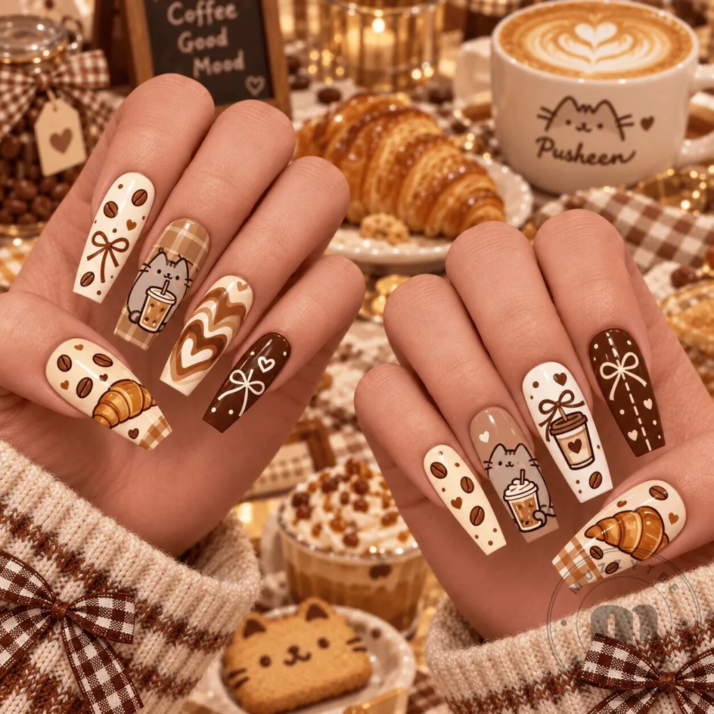 Pusheen Iced Coffee Mocha Latte Cute Cat Press On Nails Set for Women