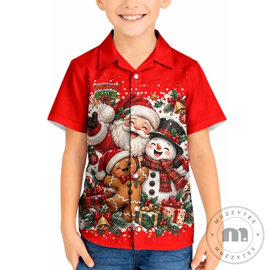 Christmas Besties Santa Snowman Gingerbread Holiday Hawaiian Shirt for Kids