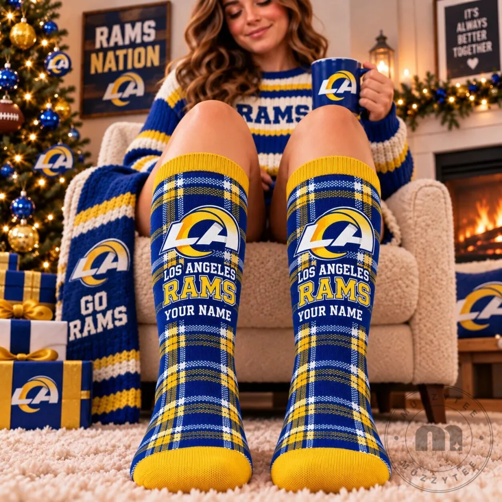 Los Angeles Rams Personalized Name Plaid Pattern Crew Socks
