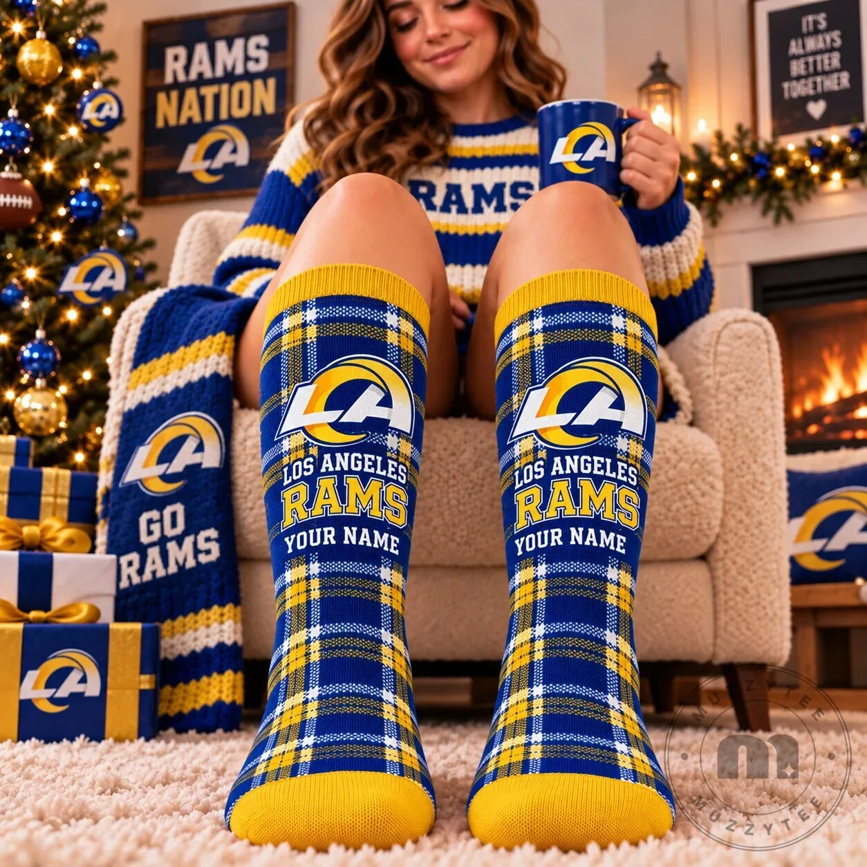 Los Angeles Rams Personalized Name Plaid Pattern Crew Socks