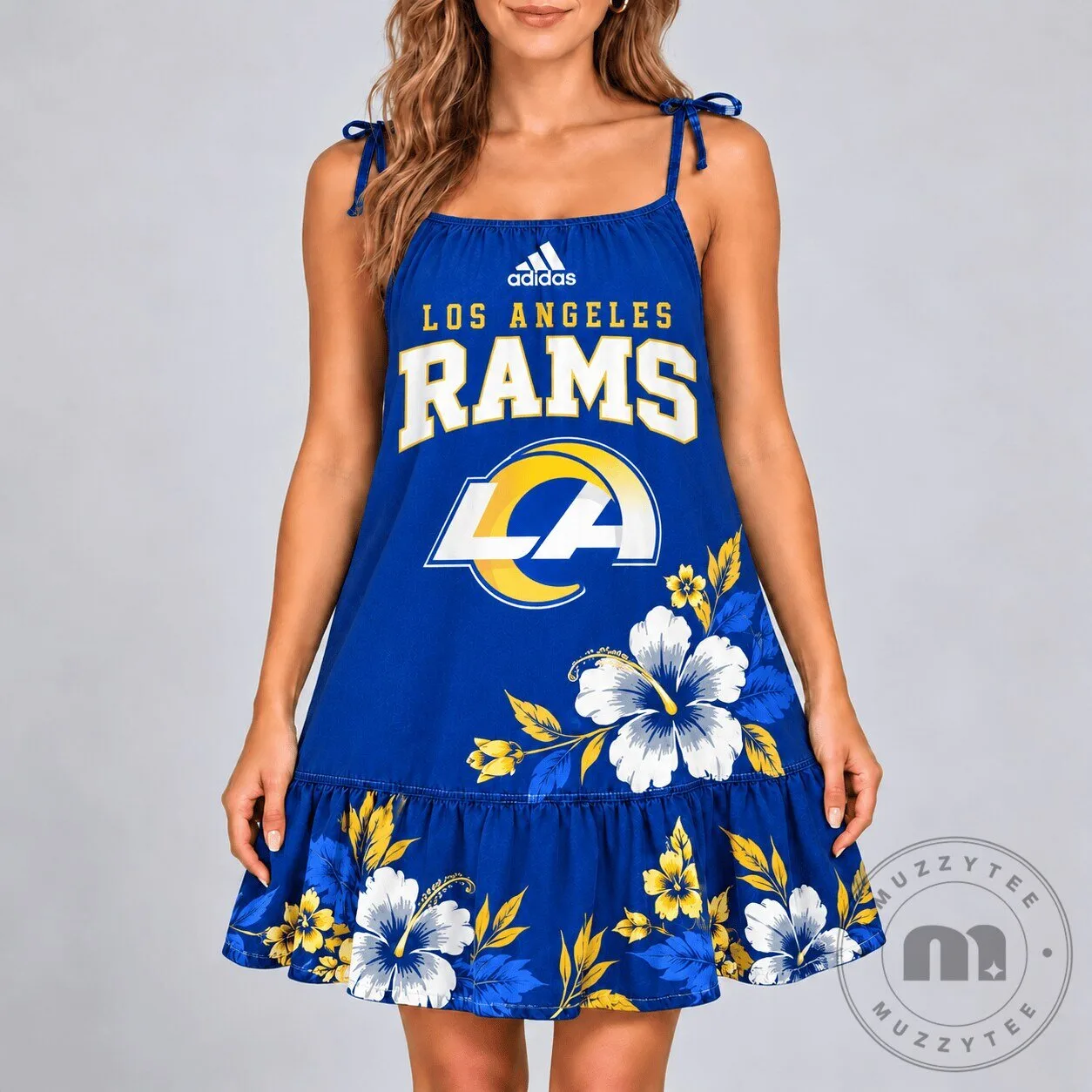 Los Angeles Rams Adidas Hibiscus Floral Pattern Blue Ruffle Dress for Women