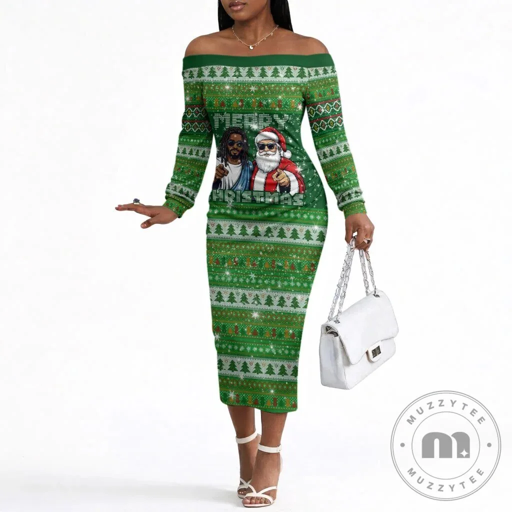Black Jesus Merry Christmas Off The Shoulder Long Sleeve Bodycon Dress